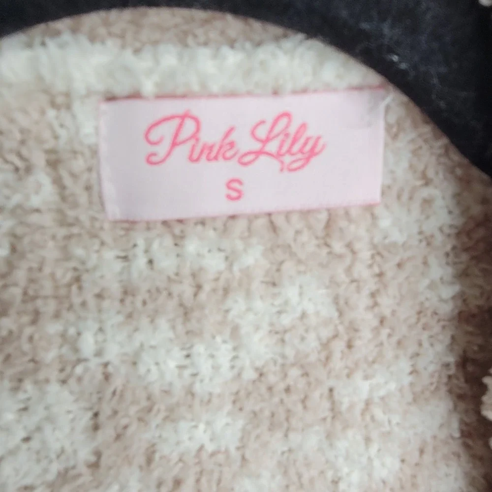 Pink Lily Beige White Knit Cozy Cardigan Sweater Leopard Print Pockets S  Women